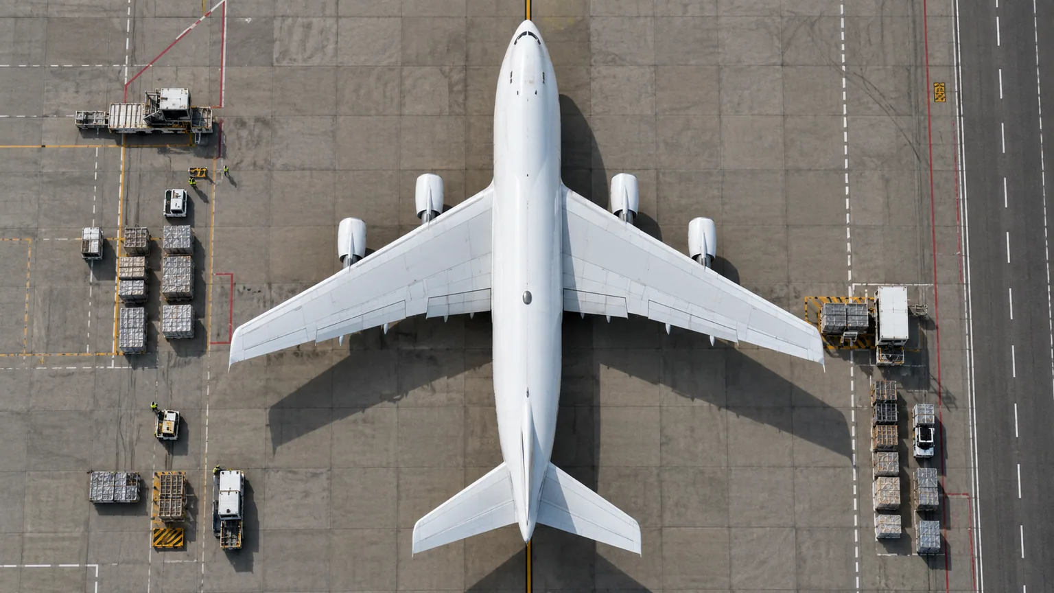 Avion cargo pe platforma aeroportului, văzut de sus