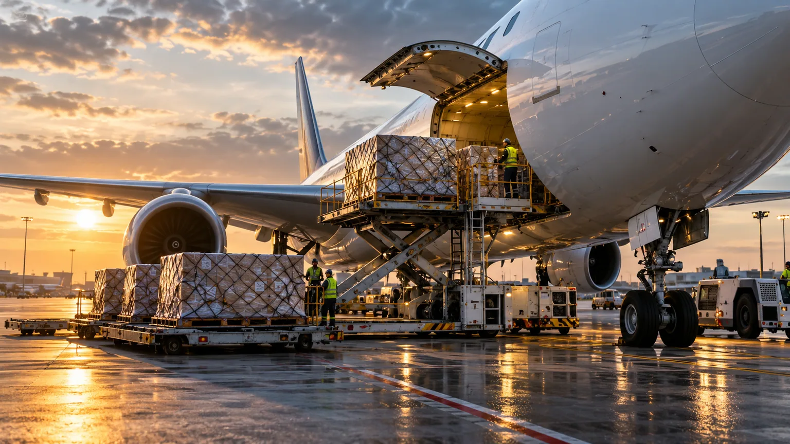 Marfă paletizată încărcată într-un avion cargo